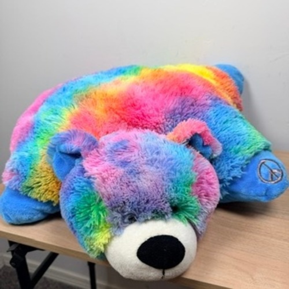 Pillow Pets PEACE Rainbow Tie Dye Bear Plush‎ Large Peaceful Bear Folding Pillow